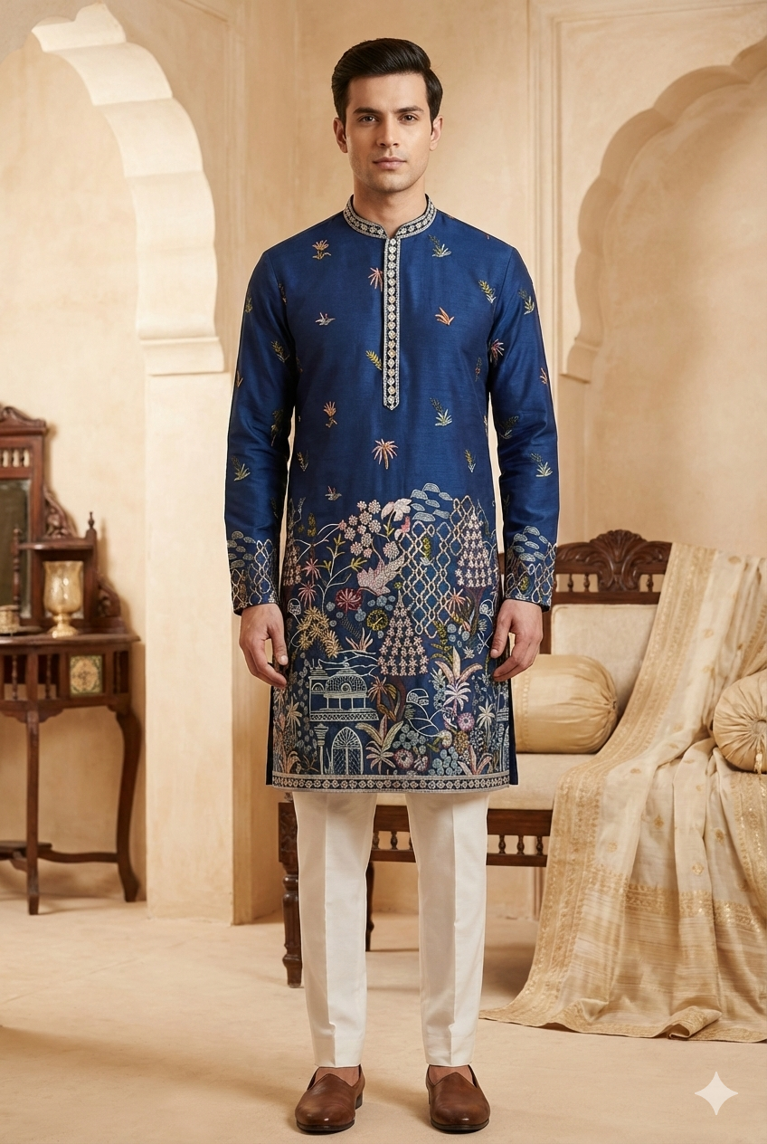Deep Blue Silk Kurta - For Man